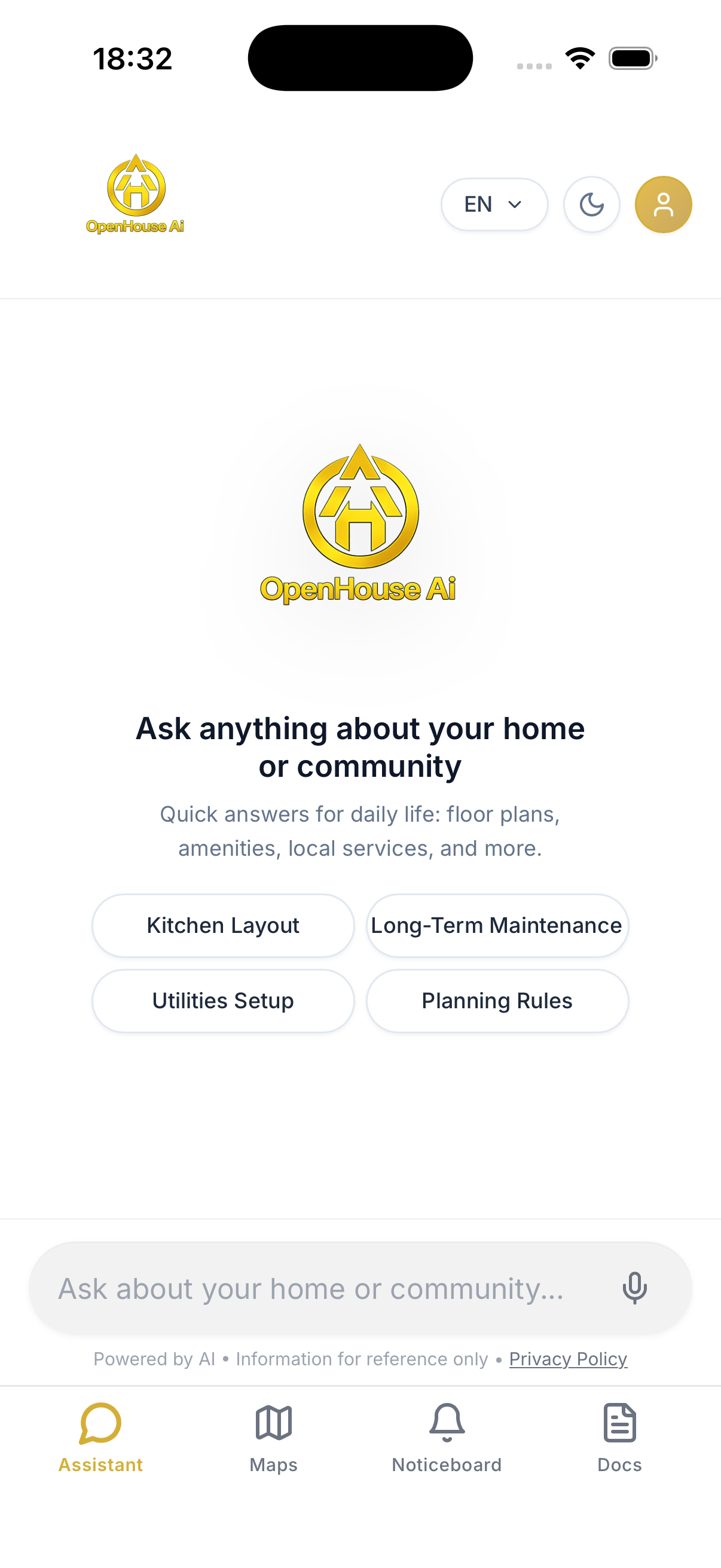 AI Property Assistant with chat interface and quick action buttons