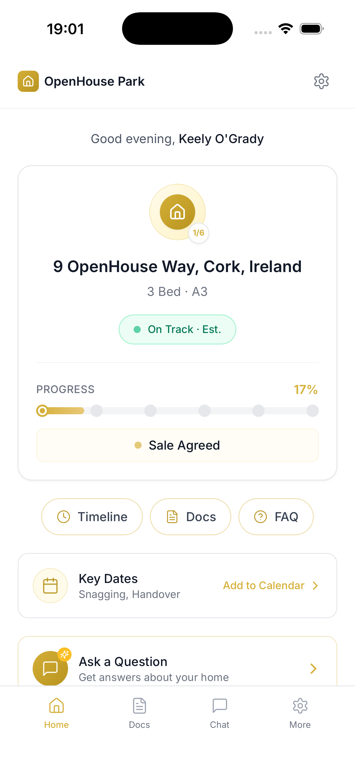 Pre-Handover Portal showing build progress, key dates, and property details