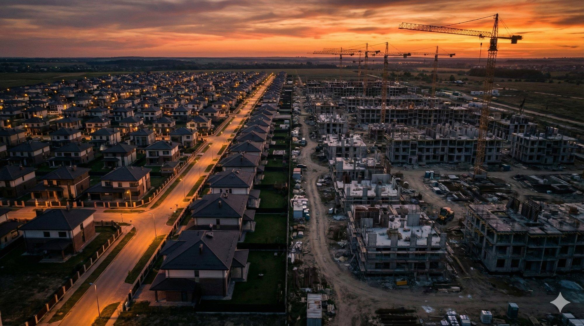 Aerial view of residential development under construction at sunset