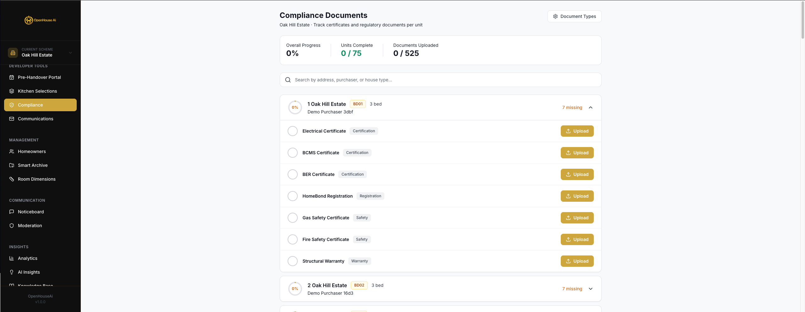Compliance Documents tracker showing 75 units with Electrical, BCMS, BER, HomeBond, Gas Safety, Fire Safety, and Structural Warranty certificates per unit with upload buttons