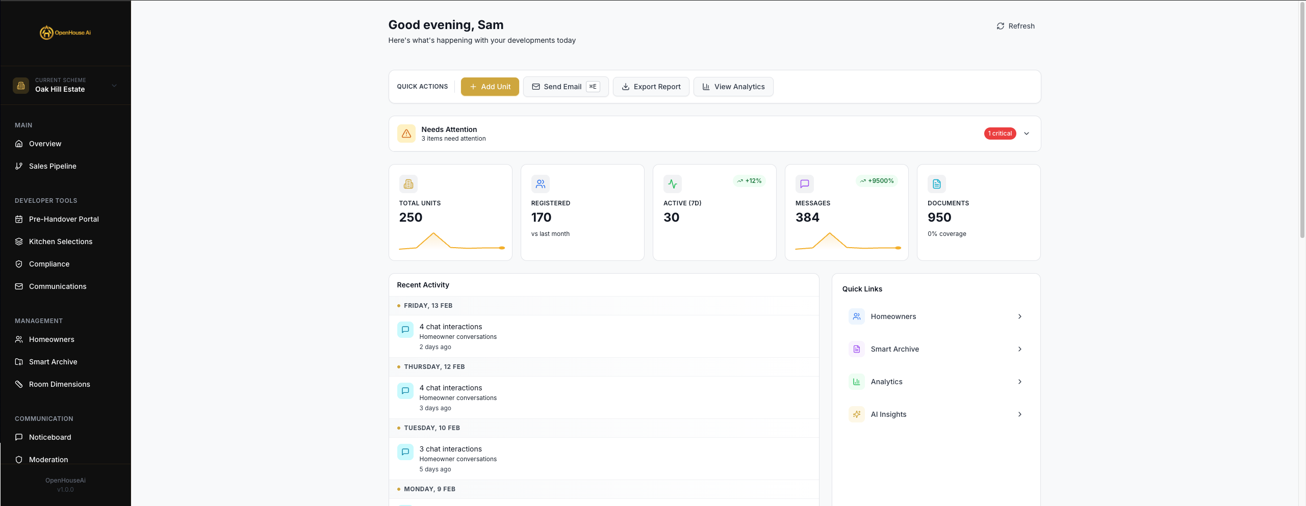 OpenHouse developer dashboard showing total units, registrations, active homeowners, messages, recent activity feed, and quick links