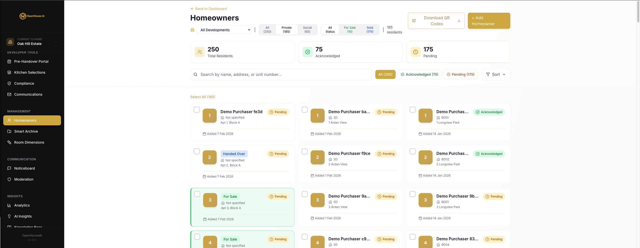 Homeowners management showing total residents, acknowledged and pending status, filterable by development, private/social, sale status, with QR code downloads