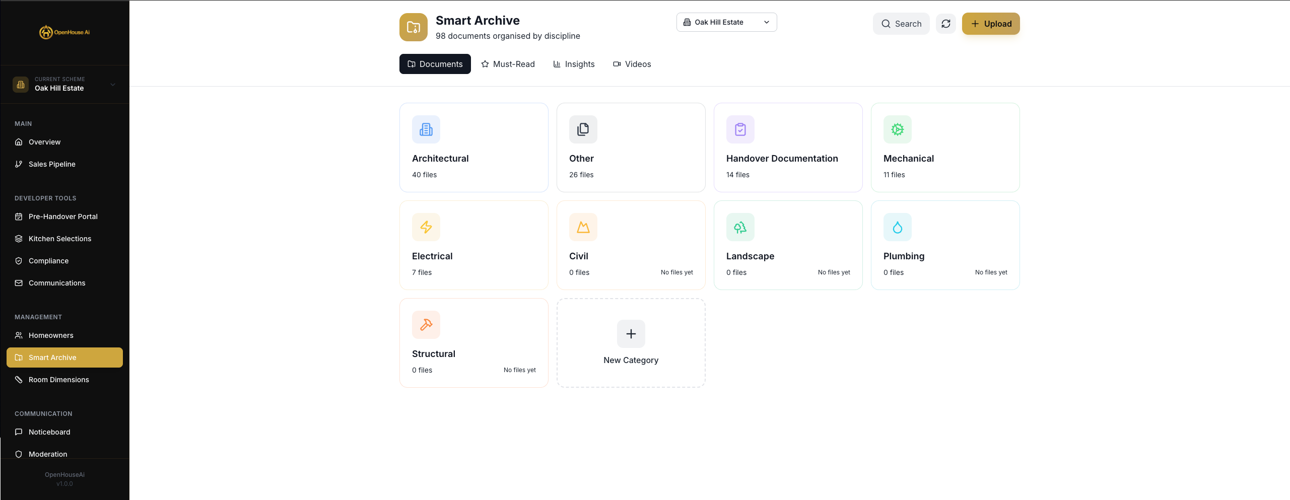 Smart Archive showing 98 documents organised by discipline - Architectural (40), Mechanical (11), Electrical (7), Handover Documentation (14), with tabs for Documents, Must-Read, Insights, and Videos