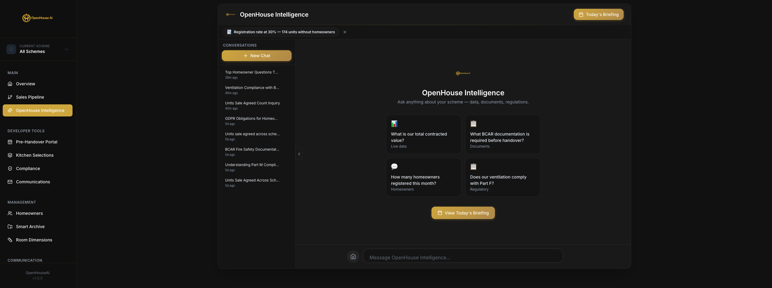 OpenHouse Intelligence landing — sidebar navigation, prompt cards, and conversation interface