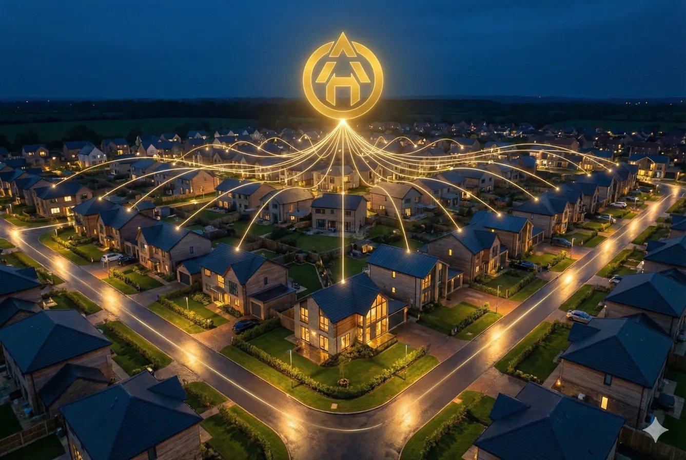Modern apartment lobby with warm golden light