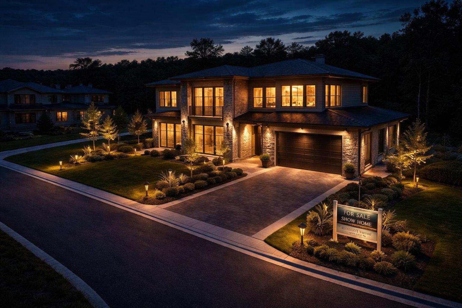 Premium show home at twilight with for sale signage